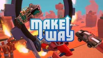 Make Way key art, with several cars jumping through a hoop suspended above a desert area